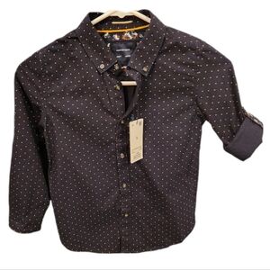 NWTCactus Boys:button down shirt SZ 7(fits like a sz 5/6) Navy blue/goldish dots